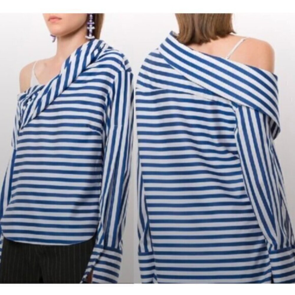 Striped Off-Shoulder Blue and White Women's Blouse